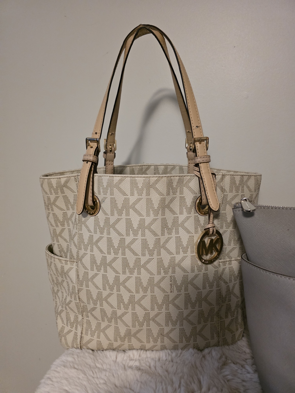 Michael Kors Cream Signature MK Logo Tote with Tan Trim